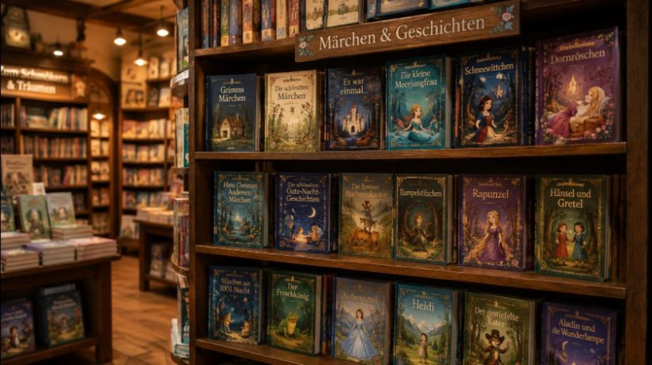 Bücherregal mit vielen Märchenbüchern