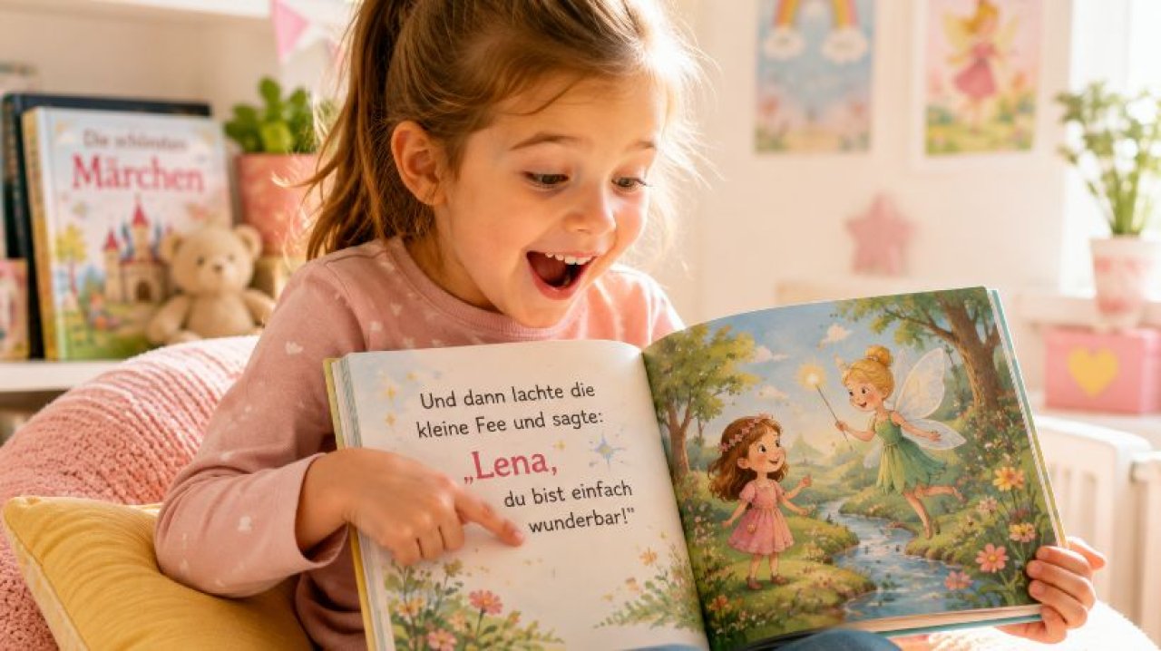 Mädchen entdeckt seinen Namen im Märchenbuch