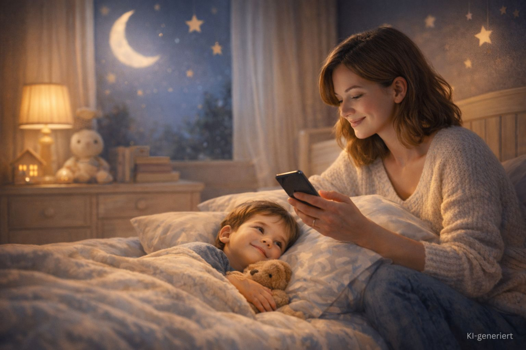 Mutter liest ihrem Kind am Abend im Bett eine Einschlafgeschichte vor – liebevolle Abendroutine und Hilfe bei Einschlafproblemen von Kindern