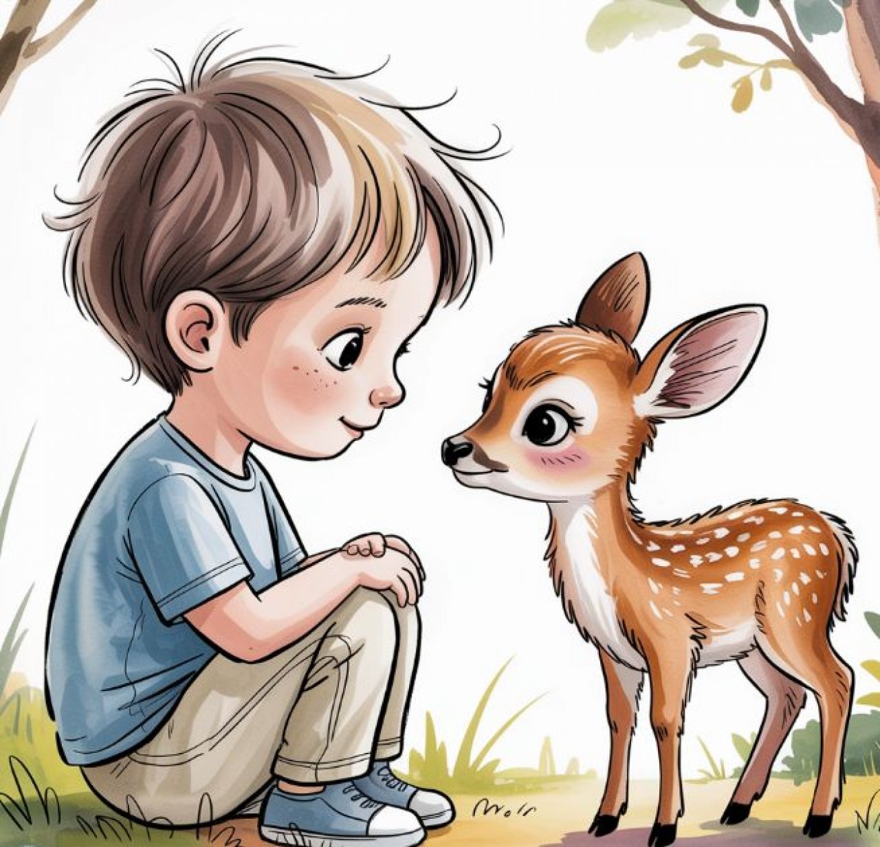 Kleiner Junge sitzt bei einem jungen Reh