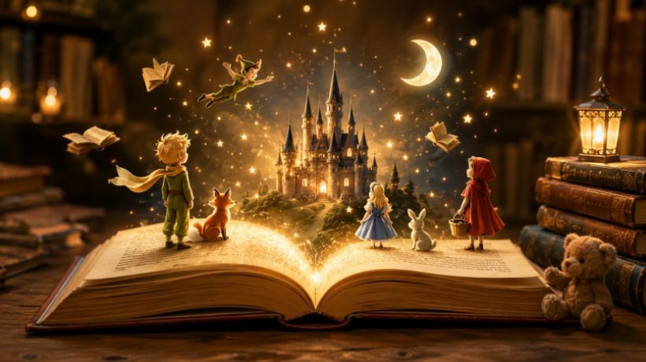 Märchenwelt: Kinder stehen auf einem großen Buch und beobachten fliegende Figur vor einem Schloß