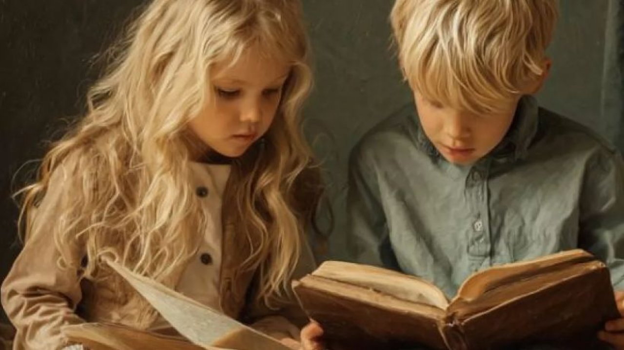 KI-generiertes Bild – Kinder lesen in Märchenbuch