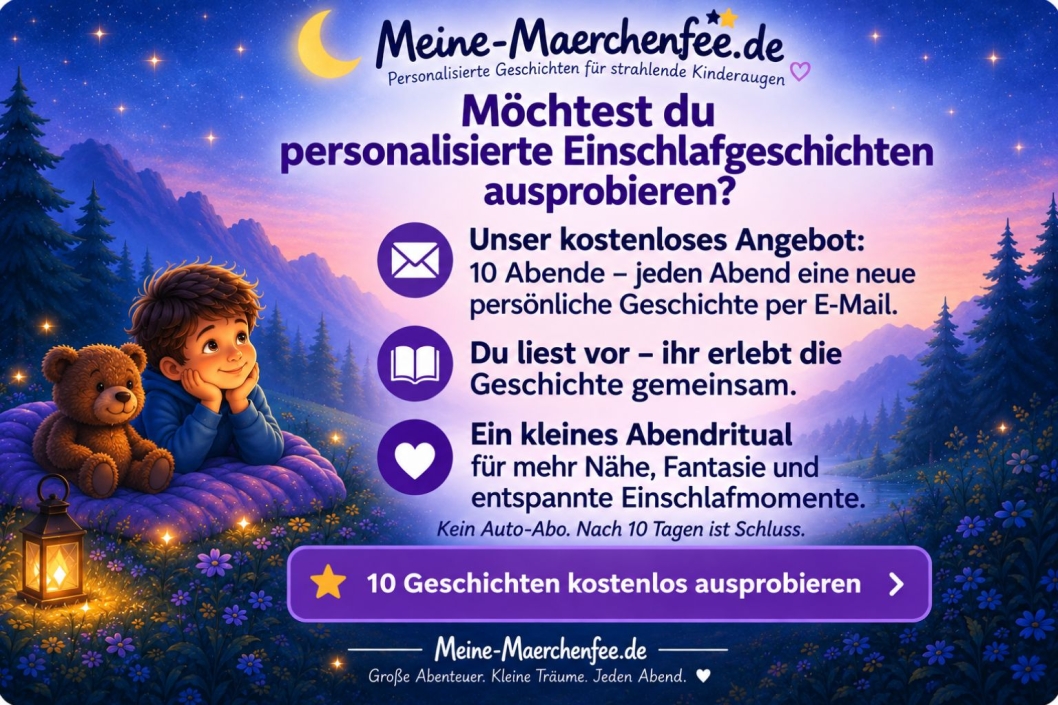 10 Abende – jeden Tag eine neue persönliche Einschlafgeschichte für dein Kind.