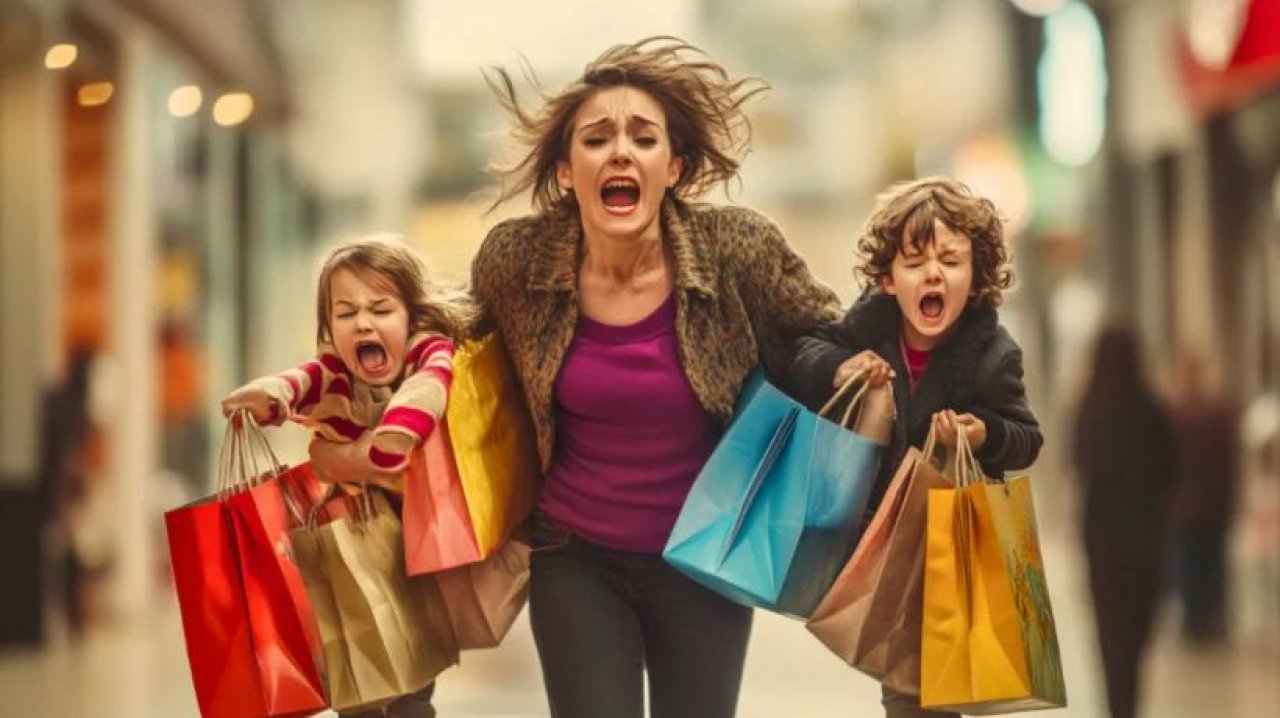 Gestresste Mutter mit ihren Kindern