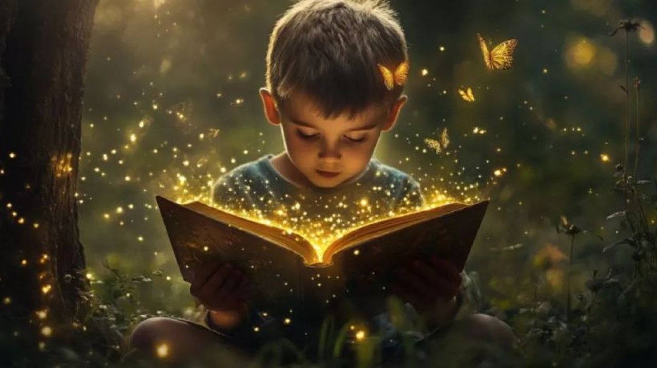 Ein kleiner Junge liest in Märchenbuch